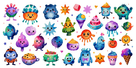 Cute colorful children's characters, monsters. Funny illustration. Vector set and collection of watercolor decorative and design elements. Isolated on a white background.