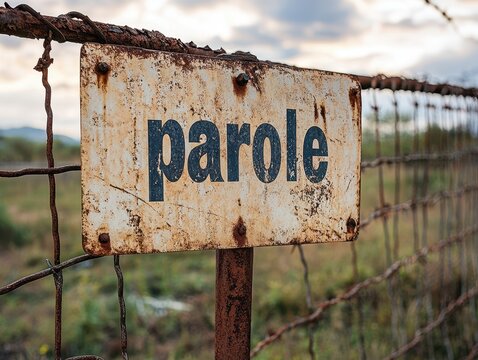 Rusty Sign Reading "Parole" near Old Wire Fence in a Rural Setting Reflecting Weathered and Aged Conditions Against a Backdrop of Open Sky and Faded Landscape
