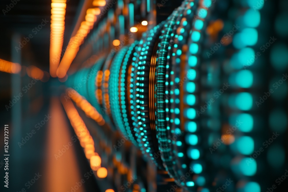 Aufkleber close-up view of advanced industrial machinery with intricate components highlighted by blue lightin