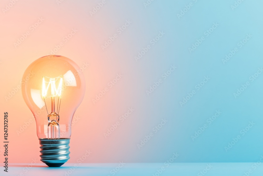 Poster a glowing light bulb radiates brightness on a glossy surface, surrounded by a gentle halo, symbolizi