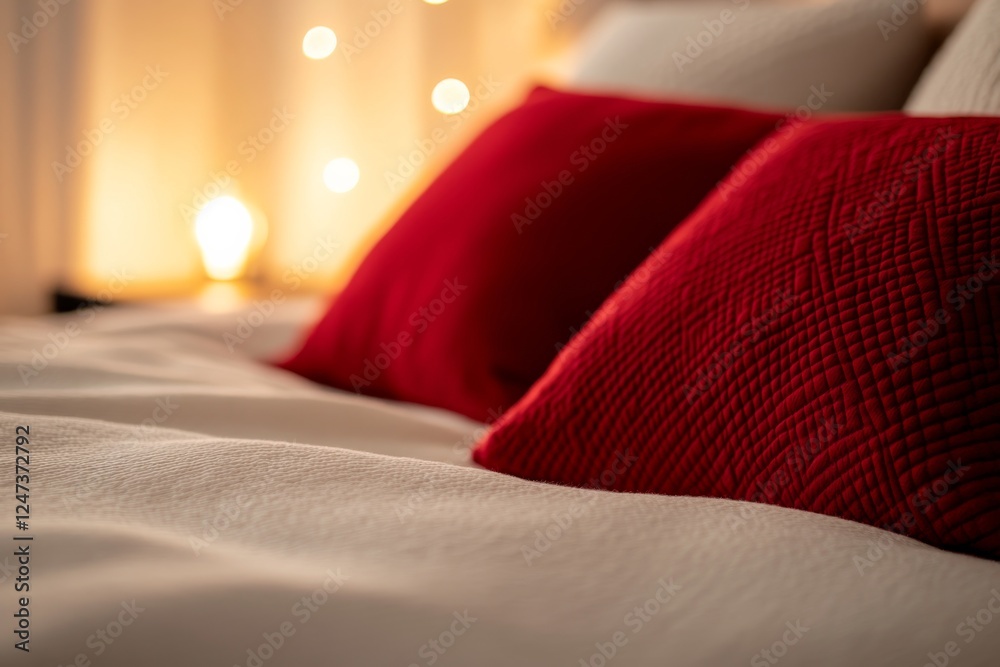Poster Close-up of a modern bedding set with geometric patterns in warm red and beige hues, creating an inviting ambiance with soft lighting in the bedroom