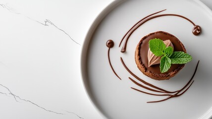 Fototapeta premium Chocolate dessert garnished with mint leaves on elegant plate