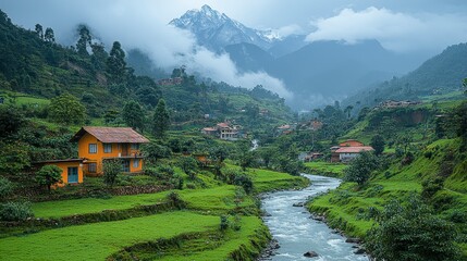 Mountain village river valley scenic view