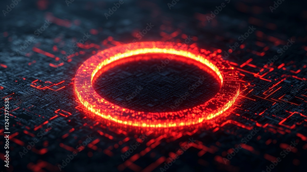Wall mural glowing cyber lock hologram surrounded by digital circuit patterns in dark background