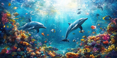 Fototapeta premium Two dolphins swimming in a vibrant coral reef ecosystem