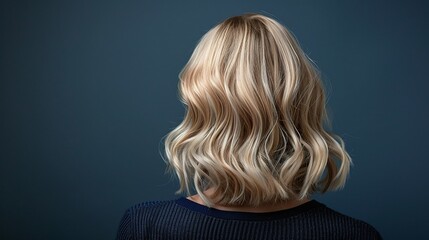 Naklejka premium Back view of blonde woman with medium-length wavy hair, soft curls, natural shine, dark blue background, studio photography, casual and feminine style, radiant and elegant beauty
