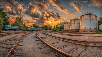 Obraz premium Industrial Sunset Over Rusting Storage Tanks and Train Tracks in an Abandoned Rail Yard
