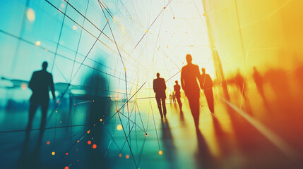 Fototapeta premium Group of business people silhouettes in modern office building and business network concept. Human resources with pastel innovation charts and graphs with statistics to analyze business