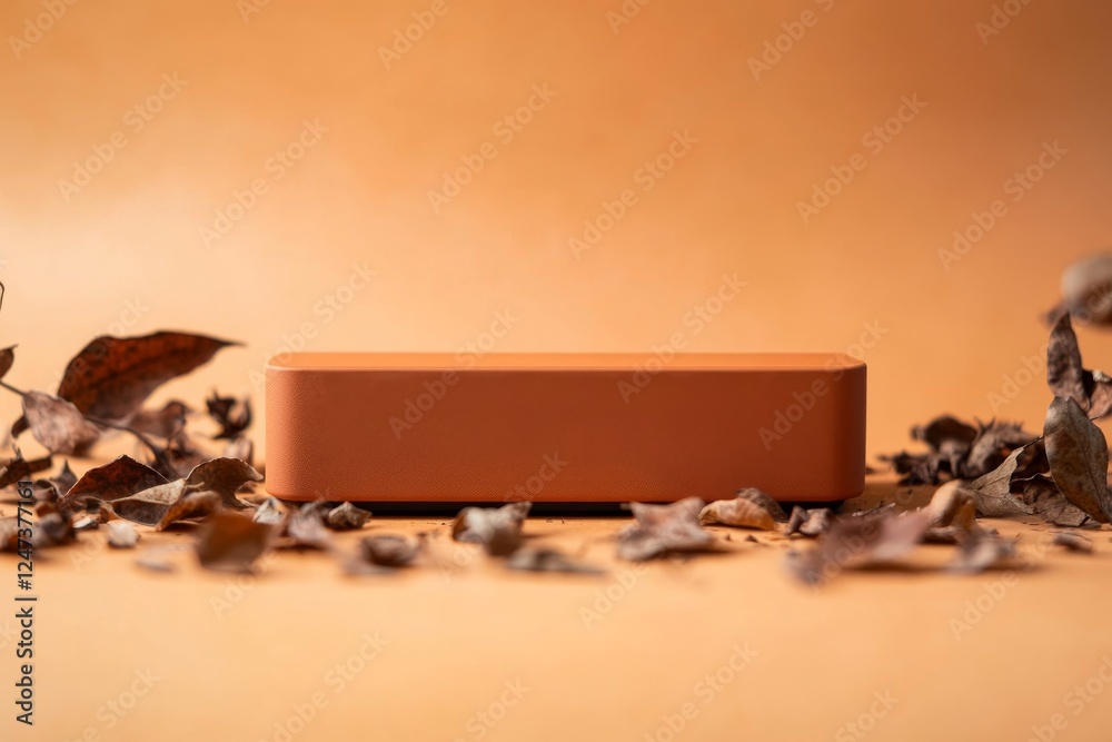 Aufkleber Warm autumn hues highlight a rectangular podium resting amidst scattered dried leaves, creating a soft and inviting backdrop for product branding opportunities