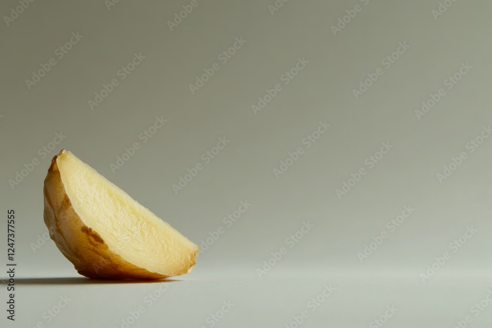 Aufkleber A close-up view of a single ginger slice reveals its unique texture and warm color, set against a clean white surface with ample copy space