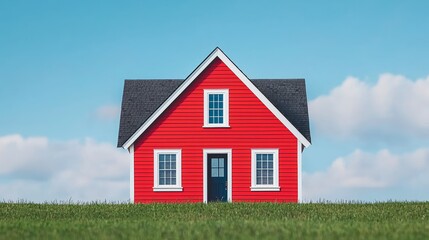 Bright Red House Surrounded by Green Grass Under a Blue Sky with Fluffy Clouds