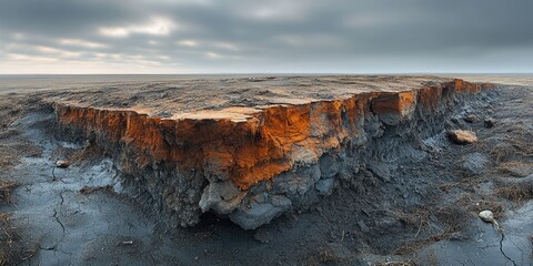 Erosion-Exposed Permafrost Landscape Showcasing Rugged Terrain and Dramatic Atmospheric Conditions Under a Cloudy Sky in the Arctic Region