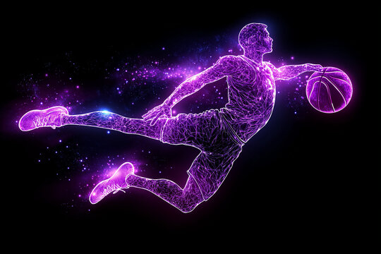 Futuristic basketball player in a dunking pose with neon light effects
