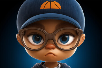Cartoon-style illustration of a young boy wearing glasses and a cap with a serious expression
