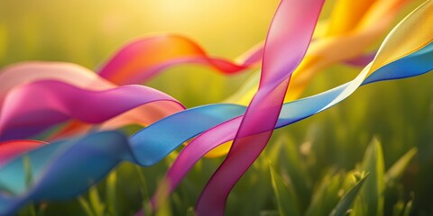 Colorful Ribbons Flowing in a Sunlit Meadow Celebrating Diversity and Inclusion. A Celebration of Pride Month.  With Vivid Colors and Symbolic Ribbons. A Meadow in Sunlight. A Tapestry of Colors. A