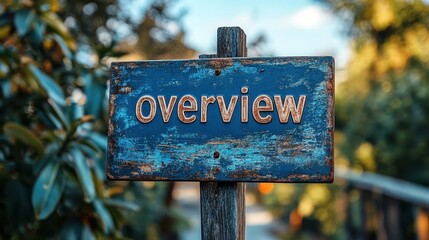 Close-up view of a weathered wooden sign with the word "overview" prominently displayed, situated in a natural outdoor setting surrounded by lush greenery and blurred background.