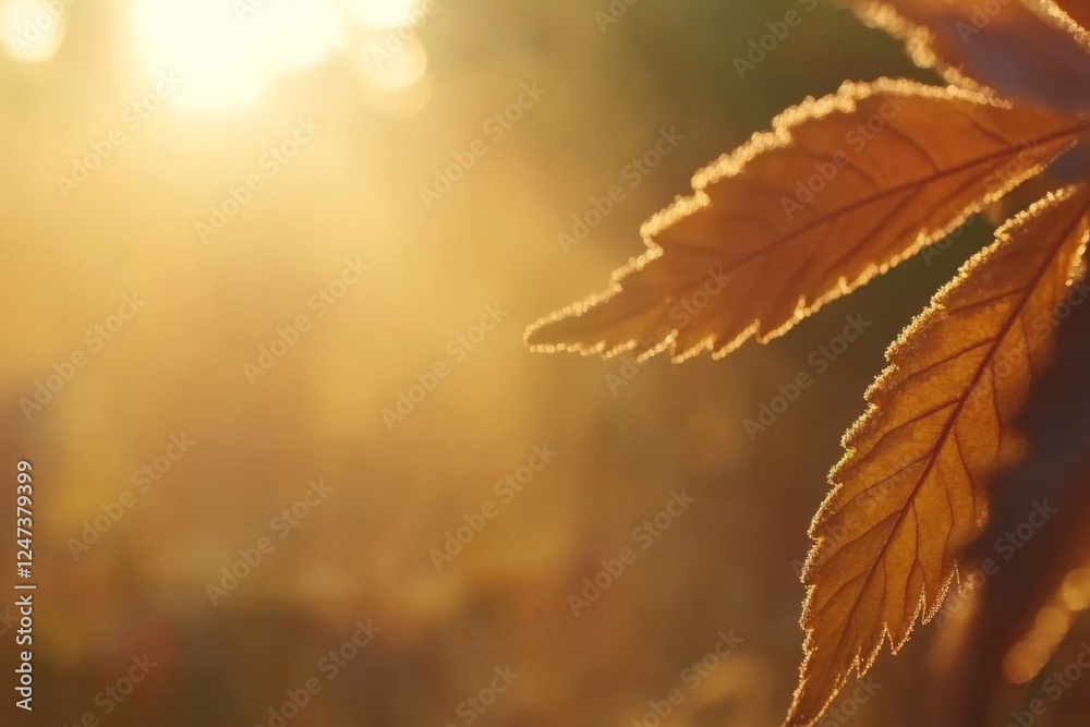 Poster a close-up view of a golden autumn leaf illuminated by soft sunlight, highlighting its intricate vei
