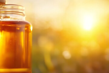 A bee approaches a honey dispenser during golden hour, with gentle sunlight highlighting its wings and creating warm tones that enhance the beauty of nature