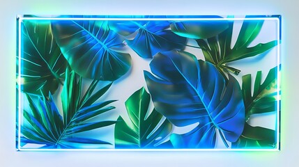 Tropical leaves highlighted with blue and green neon lights, framed in a rectangular shape, set on white.