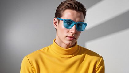 Obraz premium Poised young man in bright yellow turtleneck and oversized blue glasses, minimalist portrait