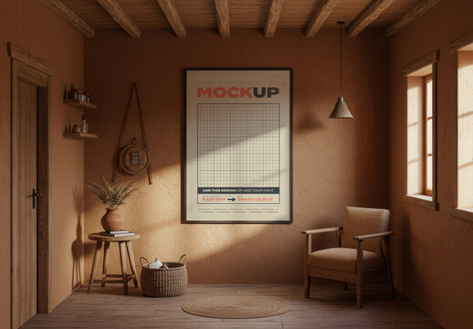 Vertical Poster Frame Mockup on Rustic Room