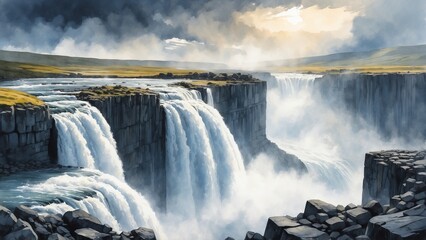 Powerful waterfalls cascading over rocky cliffs in a dramatic landscape with mist and sunlight