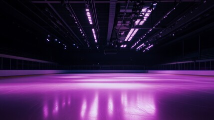 Fototapeta premium Purple glow on empty ice rink with dramatic overhead lighting