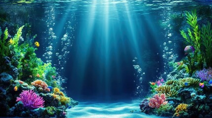 Fototapeta premium Vibrant Underwater Coral Reef Scene with Sunlight Filtering Through the Ocean Surface