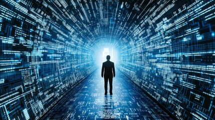 Silhouette of young adult male in digital tunnel of light and data