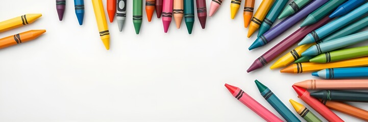 Colorful crayons scattered on white background for creative and educational concepts