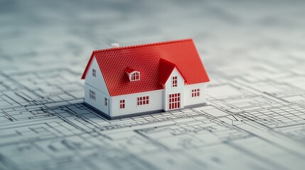 Model house on architectural blueprint representing construction and design concepts
