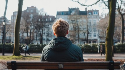 Fototapeta premium Caucasian young male sitting on bench in urban park with fall foliage and buildings in background