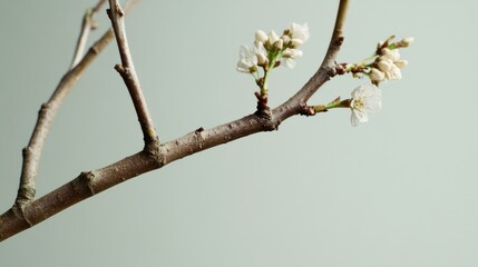 Cherry blossom branch with delicate white blooms on a soft green background