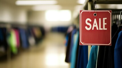 Clothing store interior with sale sign focus and blurred background