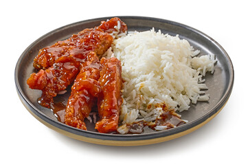 plate of garlic chicken meat and rice
