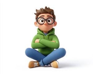 Animated young male character wearing stylish green hoodie and glasses, representing modern casual fashion and friendly personality