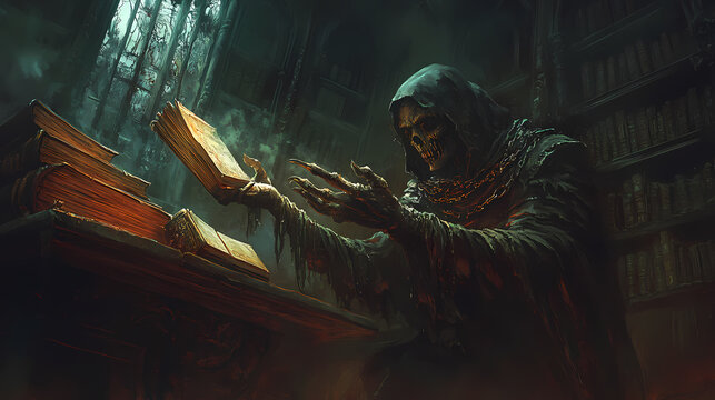 A chilling image of a demon manipulating cursed artifacts in a dark, ancient library. Cursed & Haunted Objects. Illustration