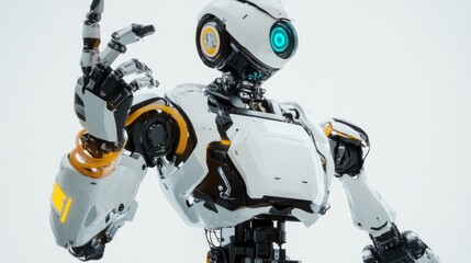 Futuristic white robot with blue eye on neutral background
