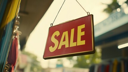 Hanging sale sign outdoors on sunny day at storefront entrance