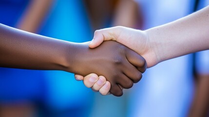 Interracial handshake symbolizing unity and friendship between african and caucasian individuals