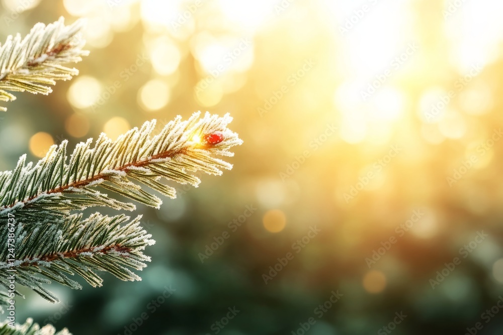 Aufkleber A close-up view of a frosted pine tree branch featuring a bright red ornament, illuminated by soft twinkling fairy lights in the background