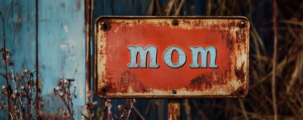 Rustic Sign with Word "Mom" on Weathered Background, Surrounded by Nature and Faded Colors, Evoking a Sense of Nostalgia and Connection to Home and Family