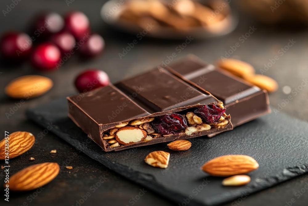 Poster Dark chocolate granola bar showcases layers of dried cranberries and sliced almonds on smooth slate, with scattered nuts adding texture and depth