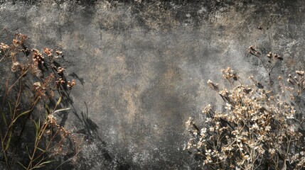 A textured wall with dried flowers on both sides, creating a serene, natural aesthetic.