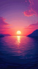 Fototapeta premium Vivid sunset reflecting off tranquil water between distant landmasses