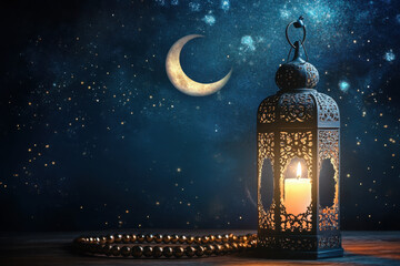 Muslim lamp and tasbih on table against night sky