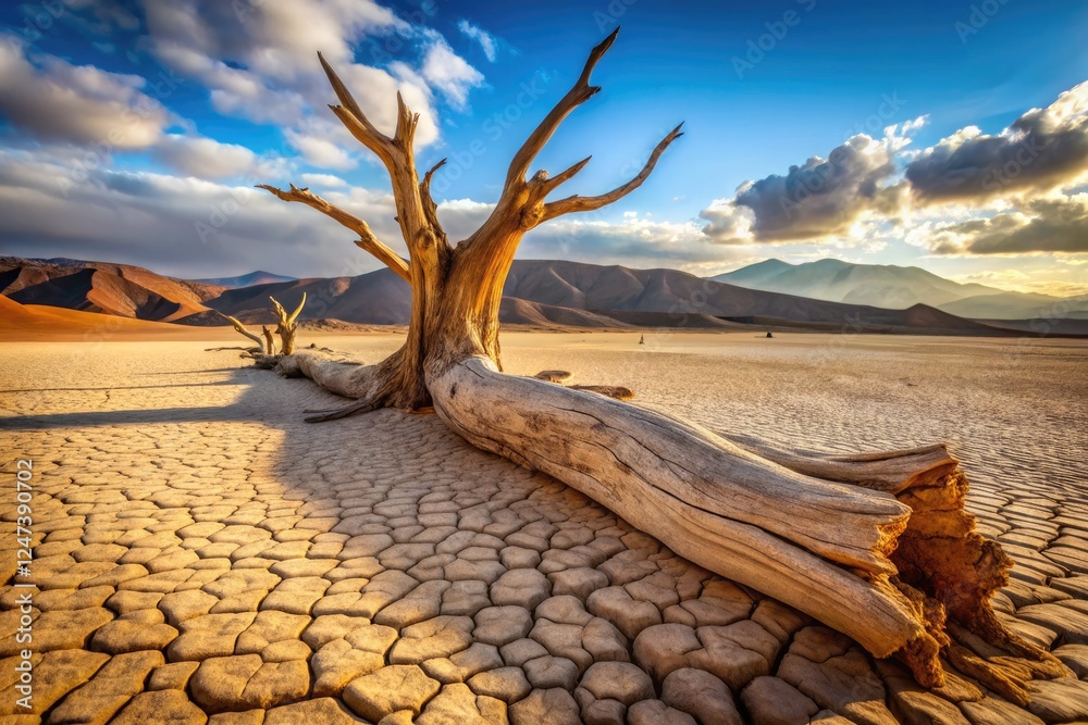 Poster Spooky Leafless Tree Log on Cracked Desert Ground. Generative AI