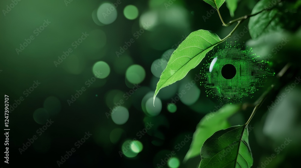 Aufkleber Close-up view of an all-seeing eye blending natural leaf textures with sharp metallic circuits, set in a dark, abstract environment, allowing for effective copy space