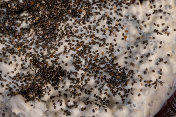 grainy cottage cheese with cream on the table during cooking with spices and chia seeds