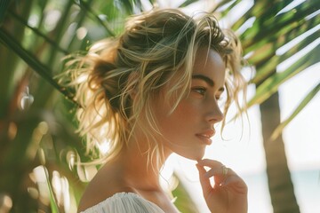 Blonde woman with loose updo hairstyle, tropical background with palm leaves, glowing natural light, elegant and relaxed pose, summery and serene portrait, modern beauty photography

